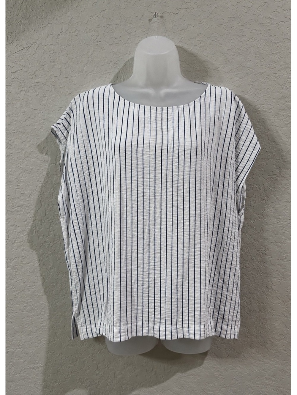 Liz Claiborne XL White Navy Striped Blouse Boxy Oversized Cap Sleeve Top